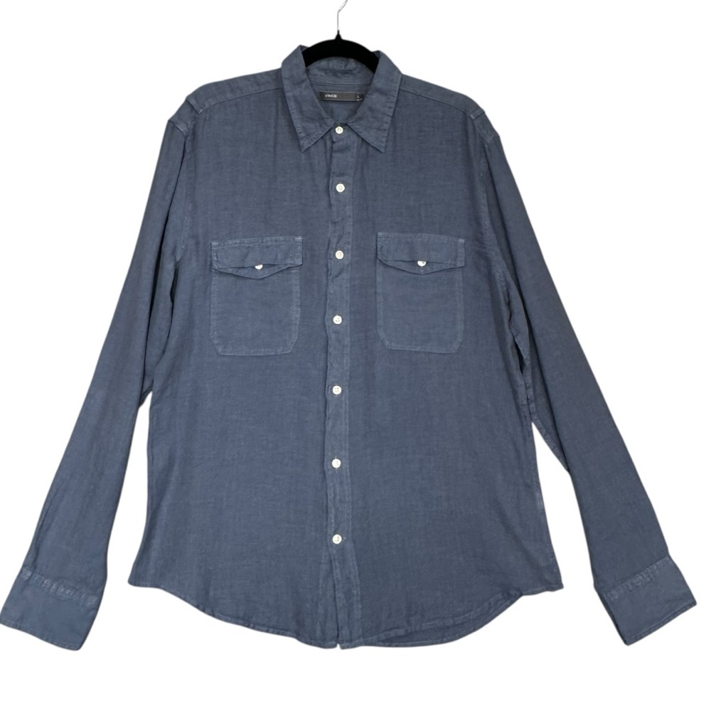 Vince Men's 100% Linen Utility Shirt Double Pocket Denim Blue Size Large